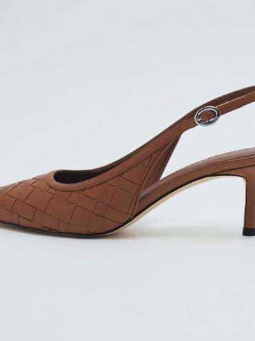 Ivette Woven Pointed-Toe Slingback Pumps, Brown, hi-res