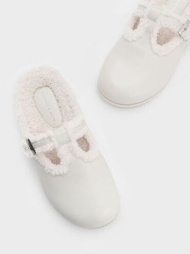 Fur-Trim Buckled Mules, สีชอล์ค, hi-res