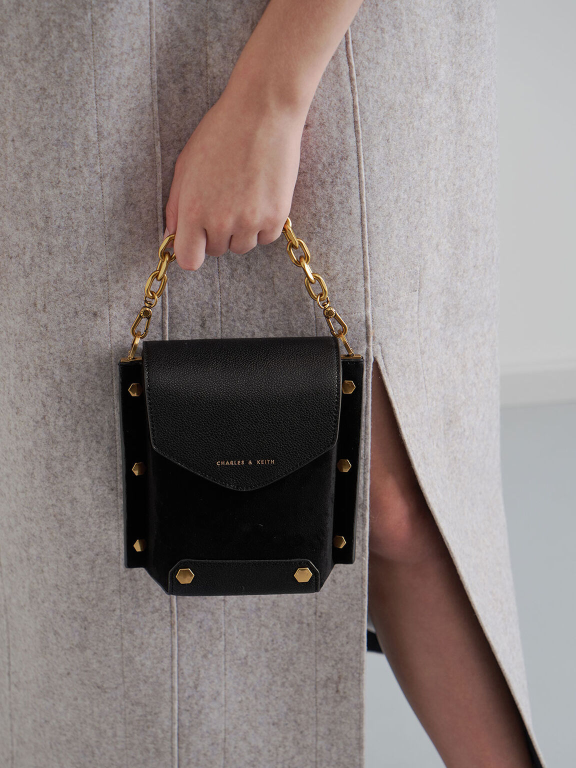 Studded Textured Bag, Black, hi-res