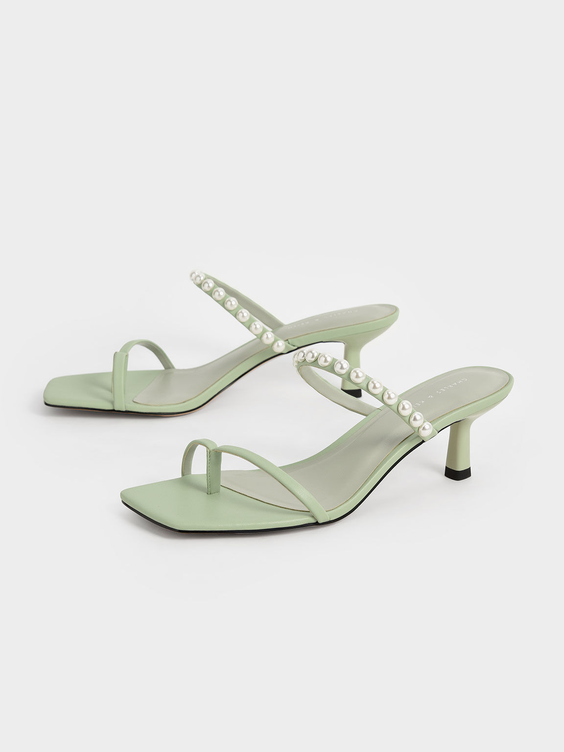 Pearl-Embellished Heeled Thong Sandals, Sage Green, hi-res