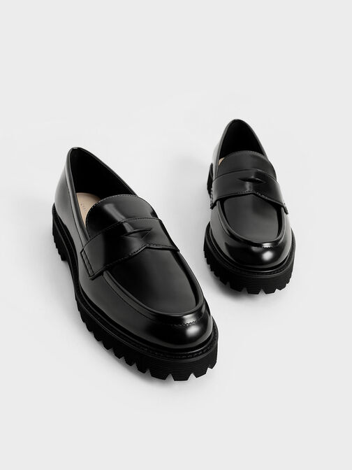 รองเท้าโลฟเฟอร์ดีไซน์สายคาดเพนนีเสริมพื้นรองเท้าแบบหนา, สีดำ, hi-res
