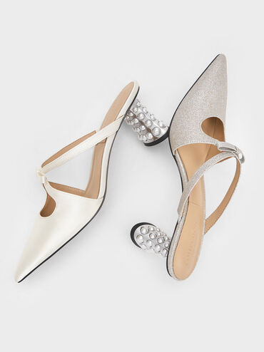 Beaded Heel Glittered Bow Mules, สีเงิน, hi-res