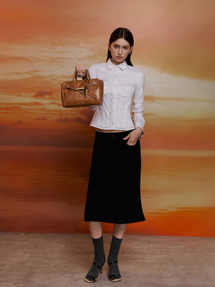 กระเป๋าโท้ทขนาดมินิรุ่น Delfina, สีดิสเทรสด์แทน, hi-res