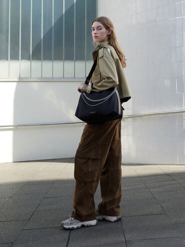 Nylon Chain-Link Slouchy Shoulder Bag, Noir, hi-res