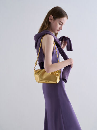 Brigette Metallic Ruched Chain-Handle Clutch, Gold, hi-res