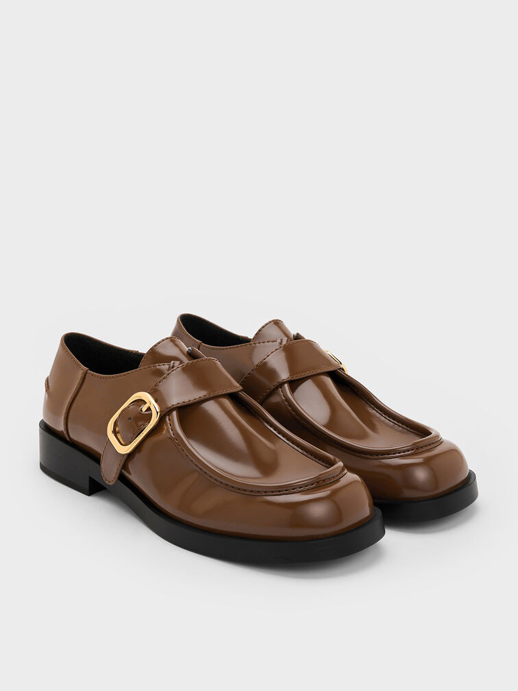 Buckled-Strap Loafers, Brown, hi-res