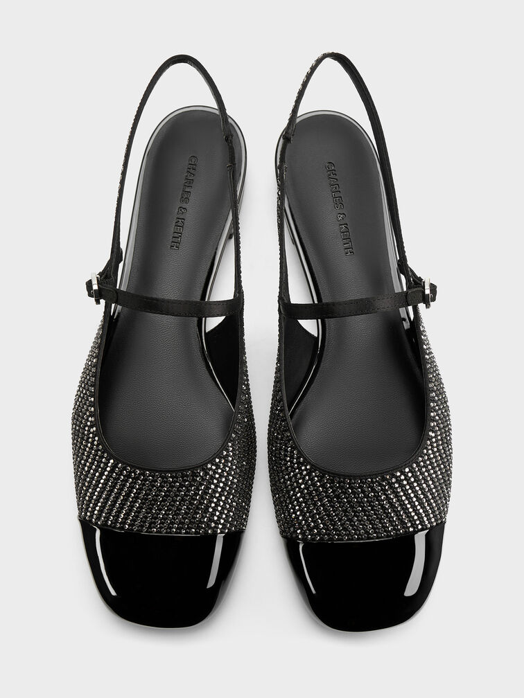 Pearl & Crystal-Embellished Cap-Toe Slingback Mary Jane Flats, Black Textured, hi-res