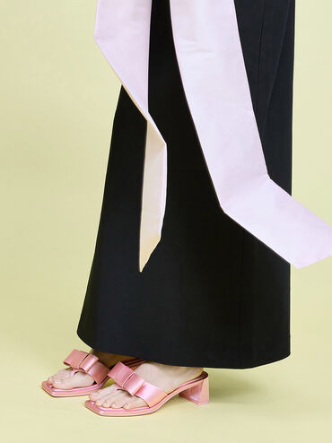 Satin Bow Heeled Thong Sandals, Pink, hi-res