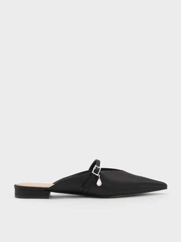 Satin Teardrop-Crystal Flat Mules, Black Textured, hi-res