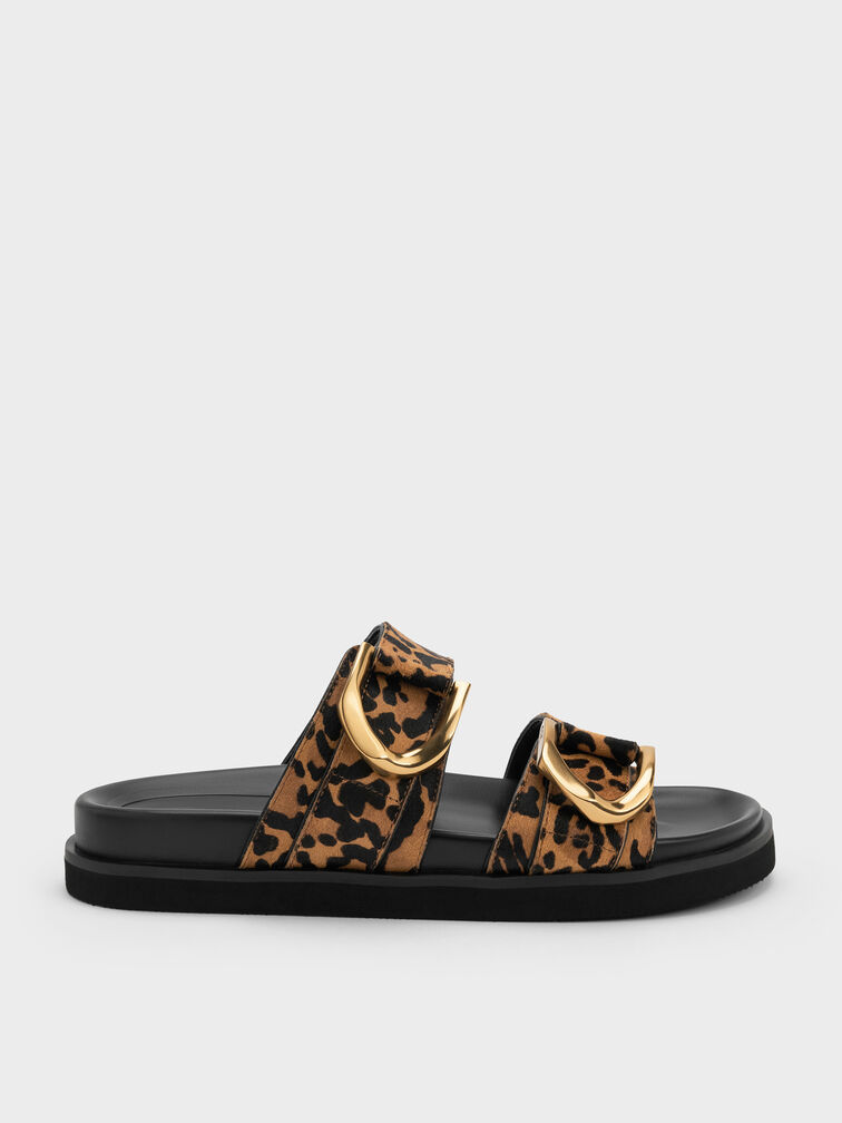 Gabine Leopard-Print Gold-Buckle Leather Slides, Animal Print Brown, hi-res