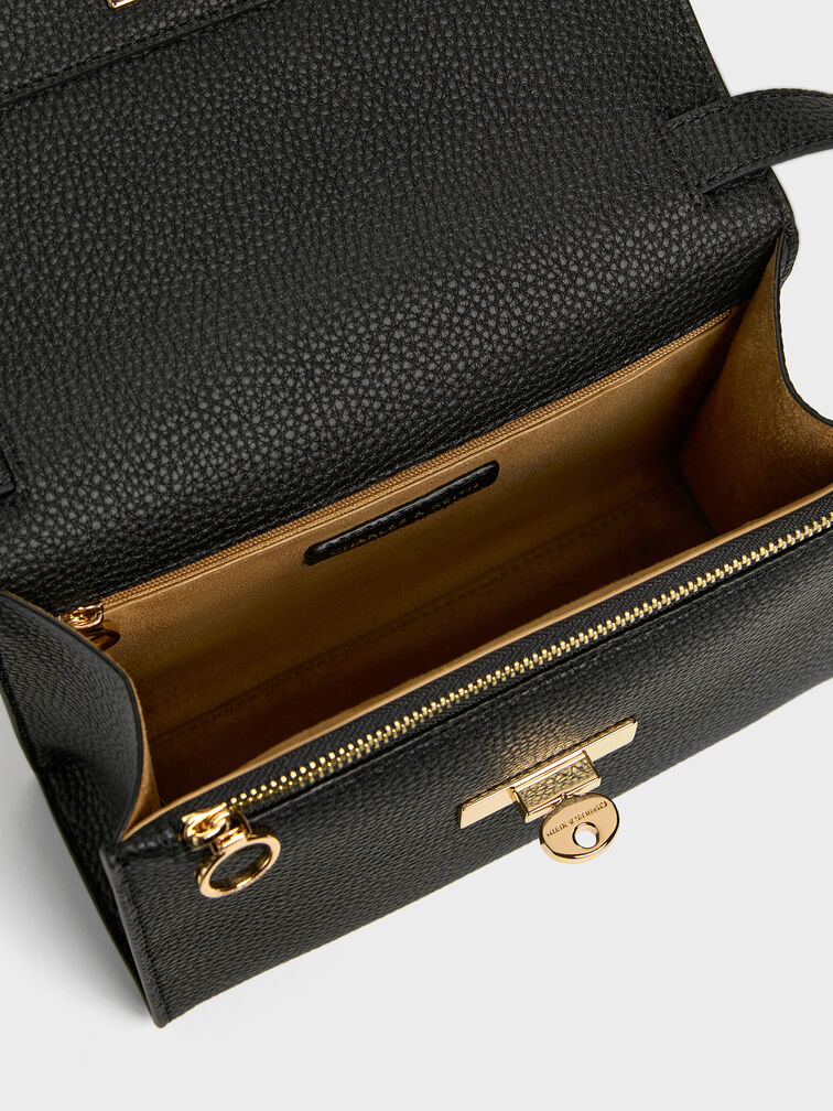 กระเป๋าสะพายข้างวัสดุหนังรีไซเคิลตกแต่งตัวล็อคแบบหมุนรุ่น Chance, สีดำ, hi-res