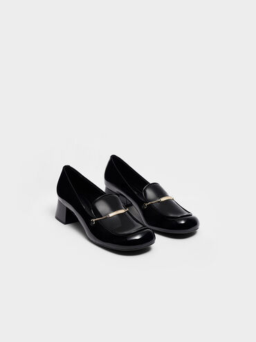 Lexie Chain-Link Heeled Loafers, หนังเงาสีดำ, hi-res