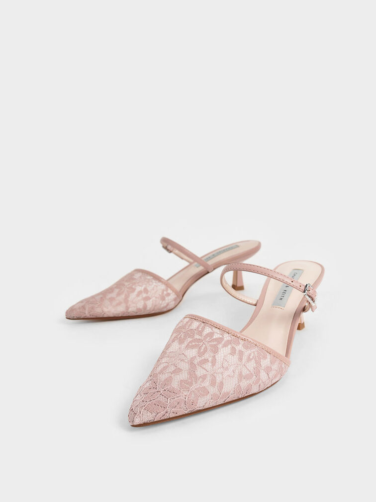 Lace & Mesh Embellished-Buckle Mules, , hi-res
