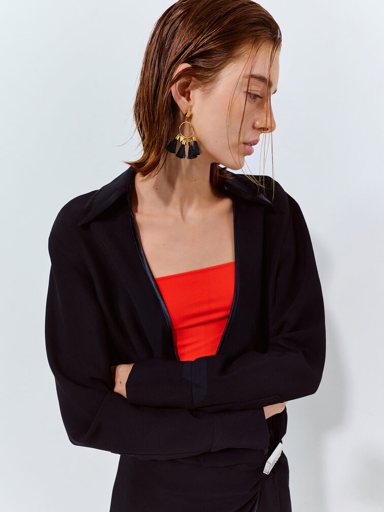 ต่างหูประดับพู่รุ่น Orelia, สีดำ, hi-res