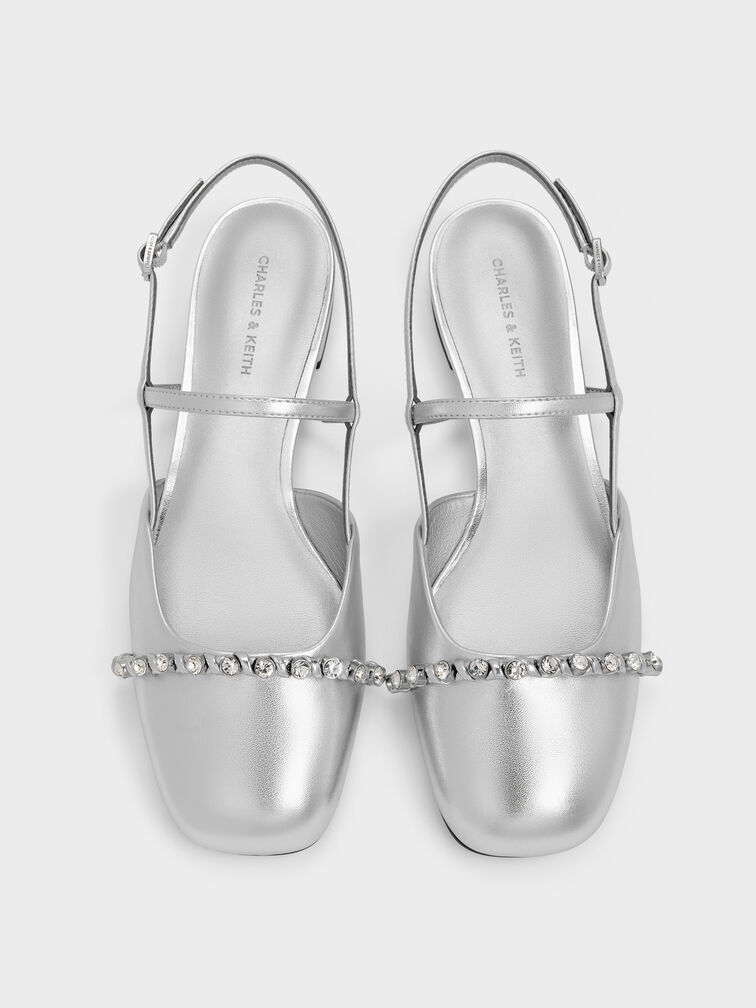 Metallic Crystal Slingback Flats, Silver, hi-res