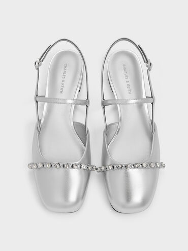 Metallic Crystal Slingback Flats, Silver, hi-res