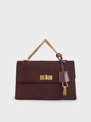 กระเป๋าสะพายข้างวัสดุหนังกลับรีไซเคิลพร้อมสายโซ่รุ่น Kerry, สีเอสเพรสโซบราวน์, hi-res