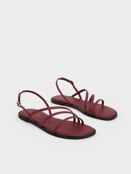 Asymmetric Triple-Strap Sandals, สีเบอร์กันดี, hi-res