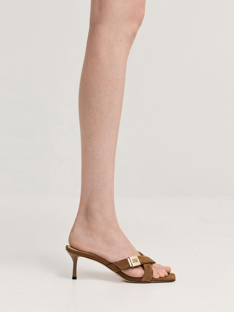 Cody Suede Crossover-Strap Heeled Sandals, Brown, hi-res