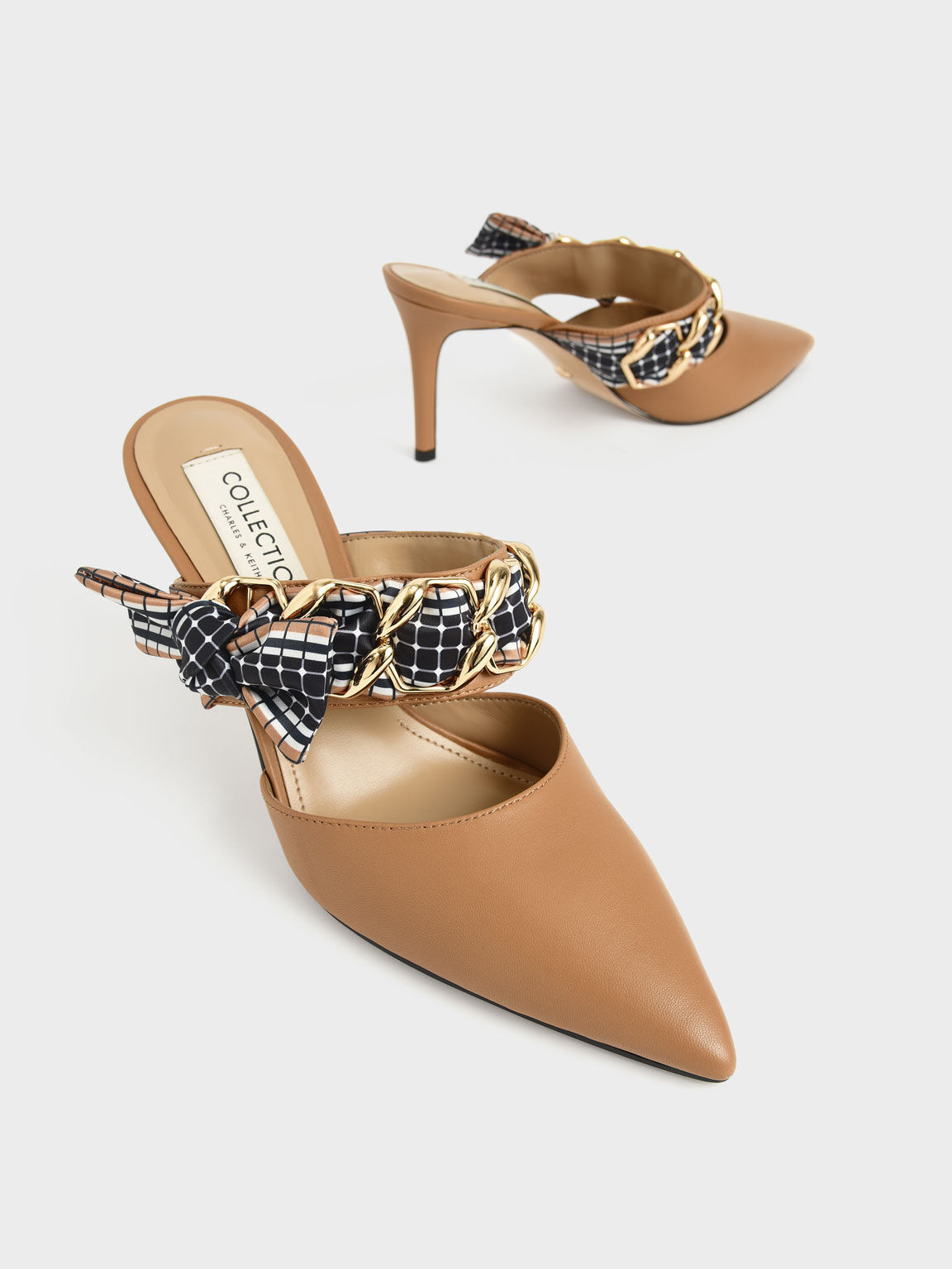 Printed Fabric Bow Leather Mules, Caramel, hi-res