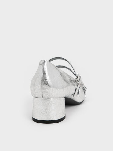 Metallic Crinkle-Effect Double-Strap Mary Jane Pumps, Silver, hi-res
