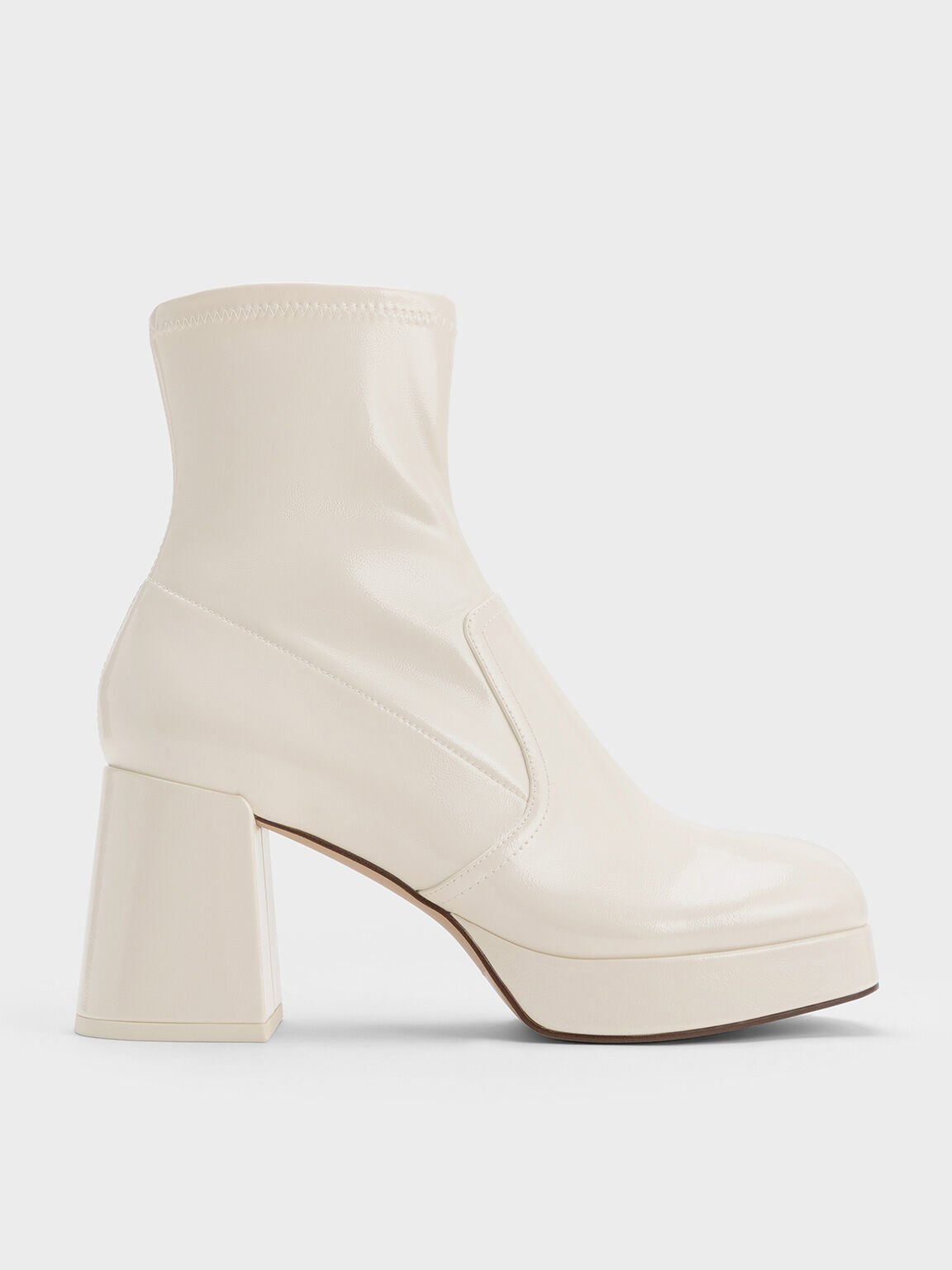Beige Patent Crinkle Effect Block Heel Boots CHARLES KEITH TH