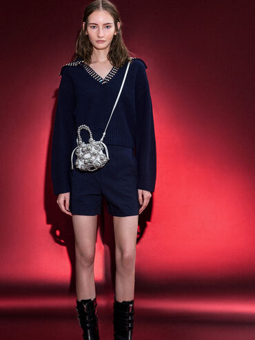 Metallic Beaded Top Handle Bag, Silver, hi-res