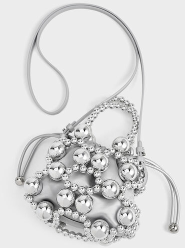 Metallic Beaded Top Handle Bag, Silver, hi-res