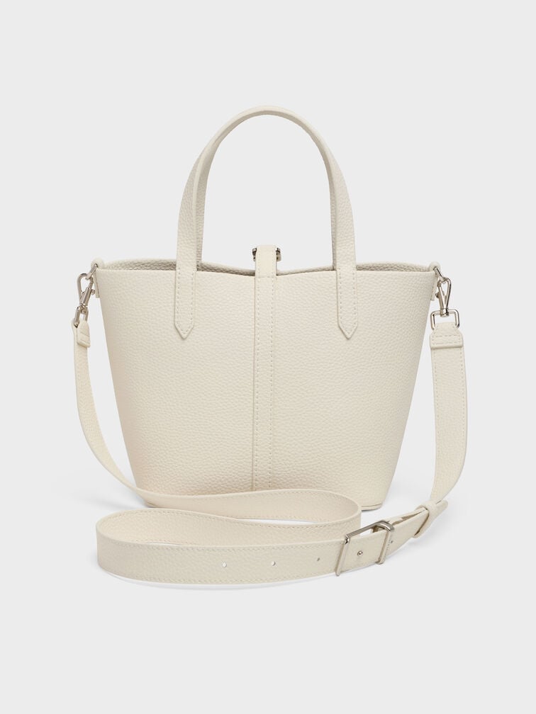 Beryl Recycled Leather Double-Handle Belted Bucket Bag, Cream, hi-res