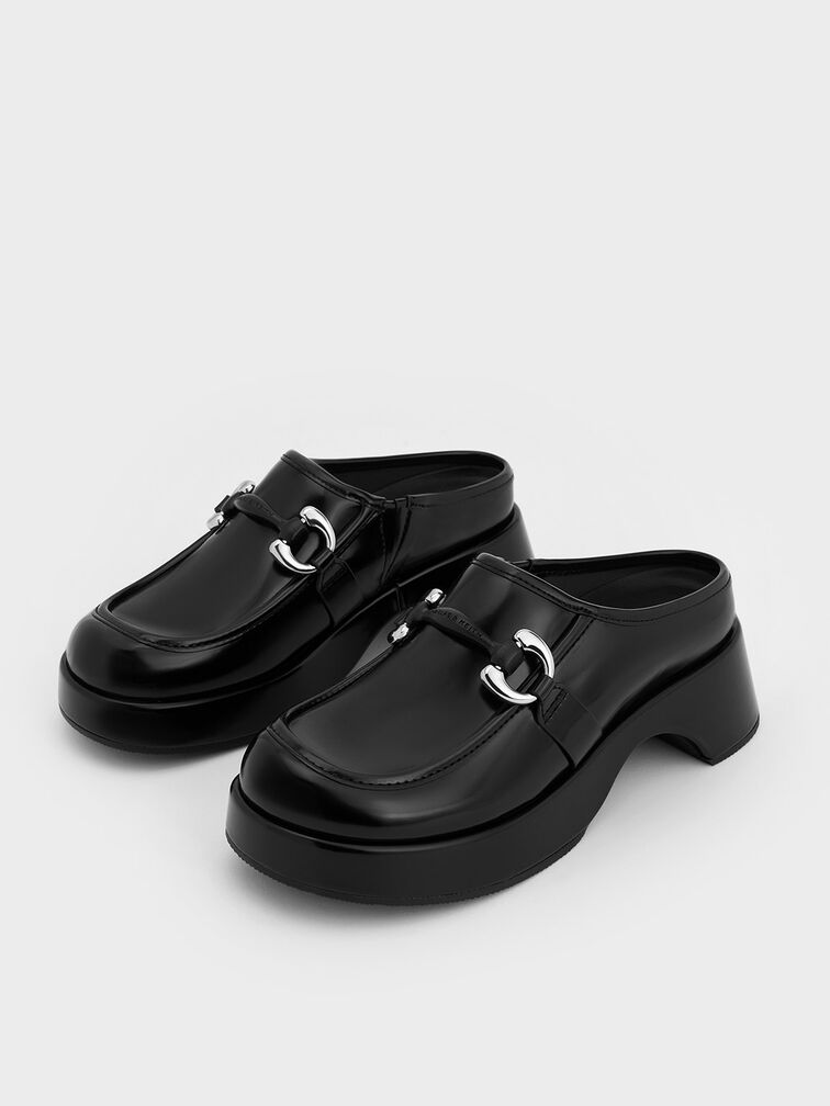 Metallic Accent Platform Mules, Black Boxed, hi-res
