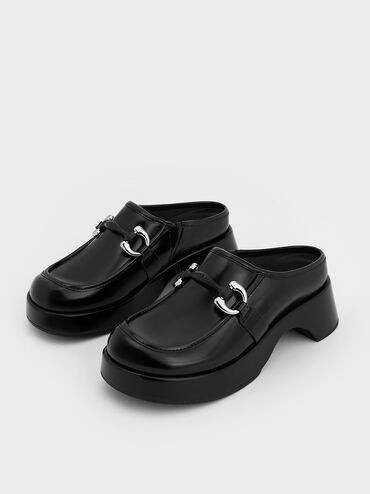Metallic Accent Platform Mules, Black Boxed, hi-res
