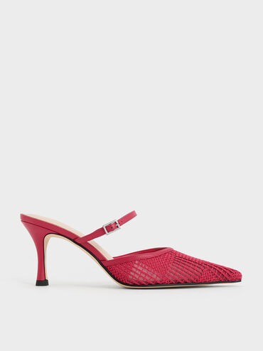 Mesh Woven Heeled Mules, Red, hi-res