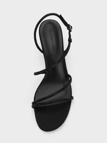 Satin Crystal-Embellished Block-Heel Strappy Sandals, Black Textured, hi-res