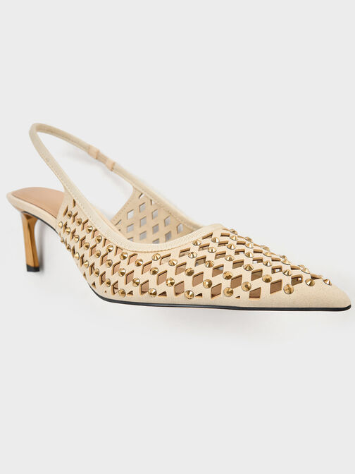 Studded Cut-Out Kitten-Heel Slingback Pumps, Cream, hi-res