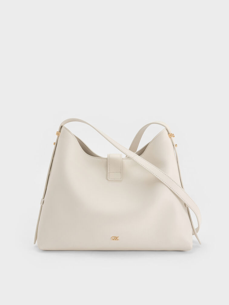 กระเป๋าโฮโบหนังแท้ตกแต่งเข็มขัดรุ่น Gabine, สีเอ้กเชลล์ครีม, hi-res