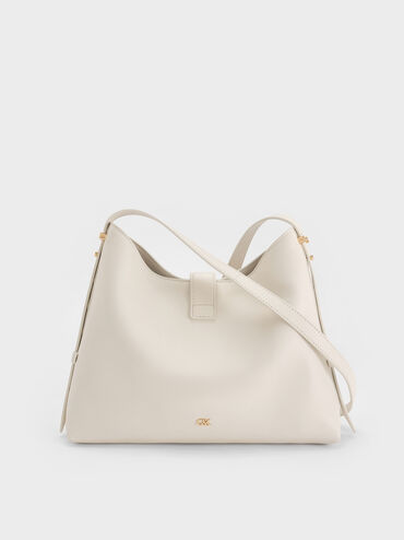 กระเป๋าโฮโบหนังแท้ตกแต่งเข็มขัดรุ่น Gabine, สีเอ้กเชลล์ครีม, hi-res