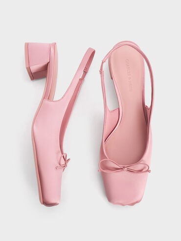 Satin Bow Square-Toe Slingback Pumps, Pink, hi-res