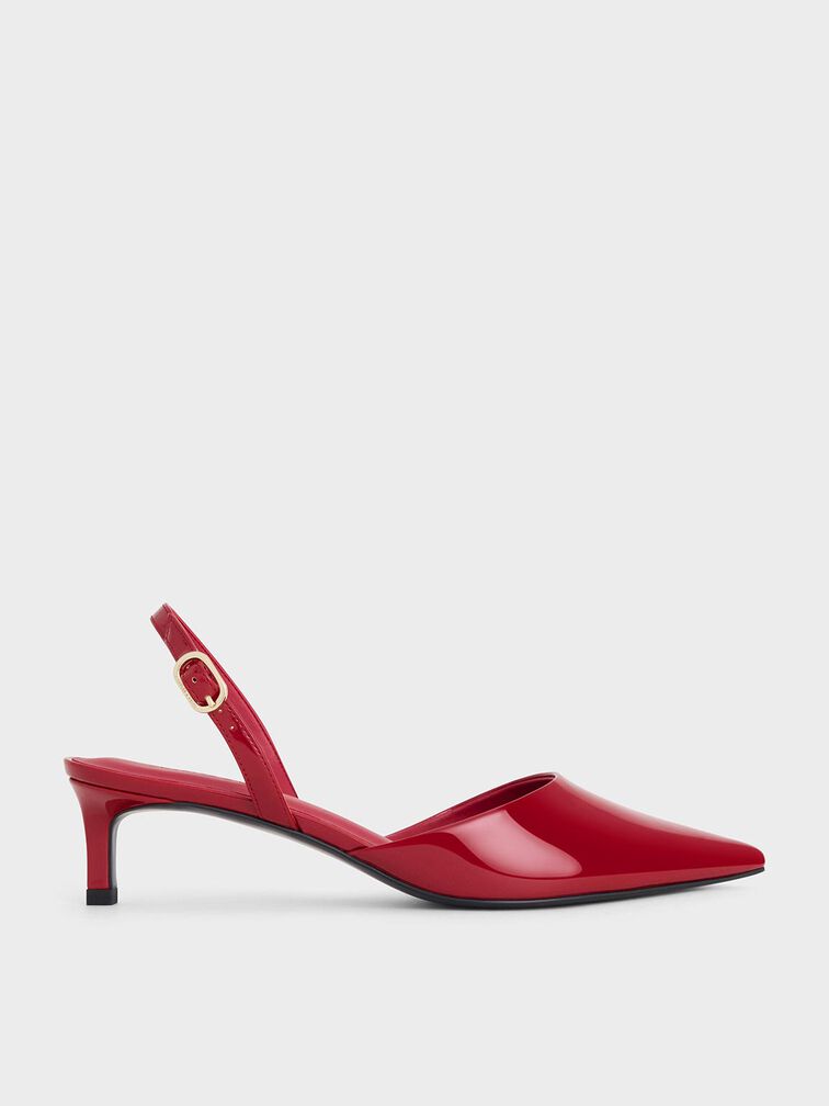 Patent Pointed-Toe Slingback Kitten Heels, Red, hi-res