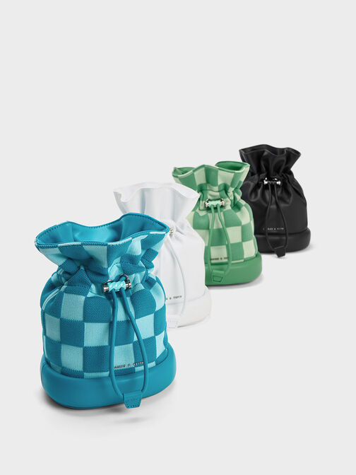 Shiloh Checkerboard Drawstring Bucket Bag, Blue, hi-res