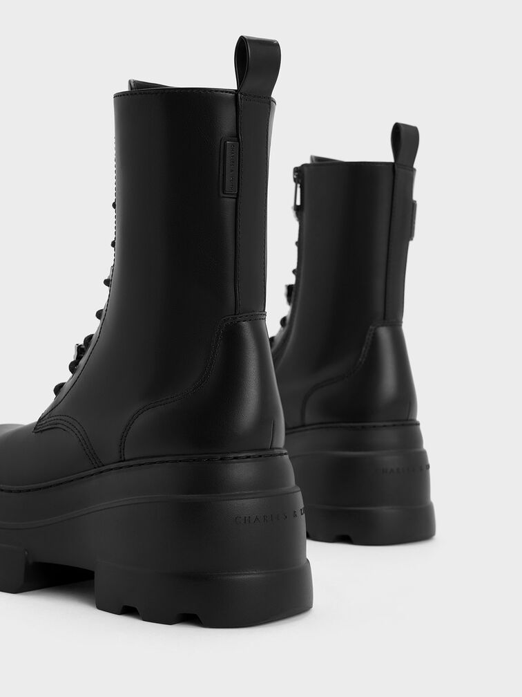 Heart-Embellished Lace-Up Platform Boots, Black, hi-res