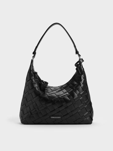 กระเป๋าโฮโบดีเทลงานสานประดับพู่รุ่น Ivette, สีดำอะไหล่สีเงิน, hi-res