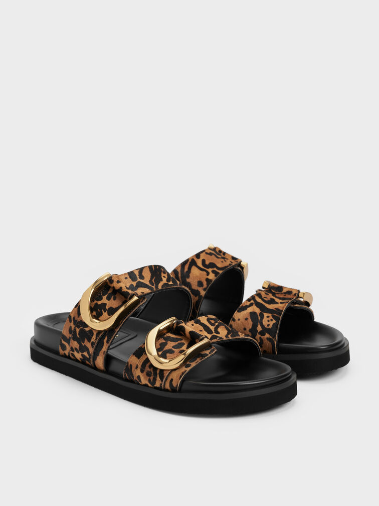 Gabine Leopard-Print Gold-Buckle Leather Slides, Animal Print Brown, hi-res
