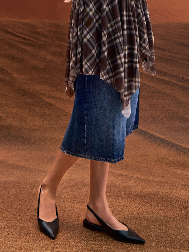 Pointed-Toe High-Vamp Slingback Flats, Black, hi-res