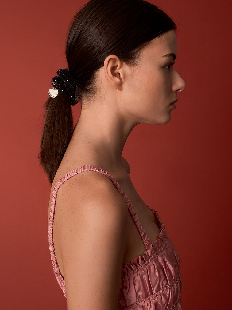 Velvet Dotted Scrunchie, Black Textured, hi-res