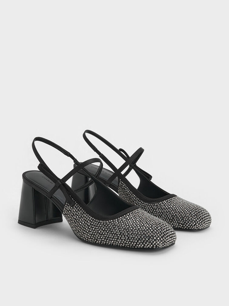 Satin Crystal-Embellished Slingback Mary Jane Pumps, Black Textured, hi-res