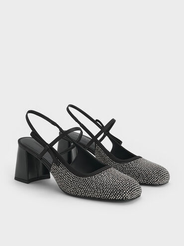 Satin Crystal-Embellished Slingback Mary Jane Pumps, Black Textured, hi-res