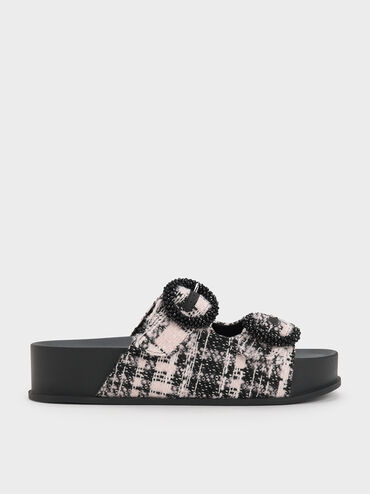 Tweed Beaded Circle Slide Sandals, สีชมพู, hi-res