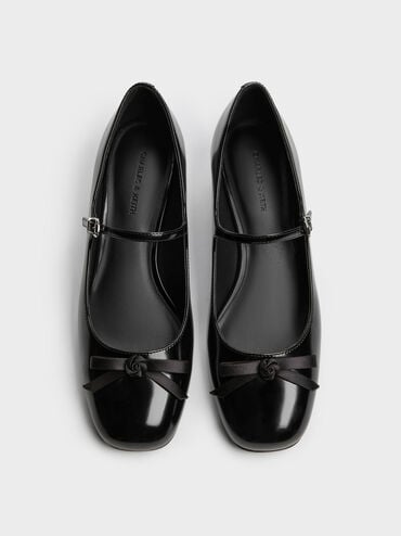 รองเท้าปิดส้นทรงแมรี่เจนประดับดีเทลโบว์กุหลาบรุ่น Kelis, หนังเงาสีดำ, hi-res