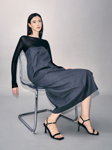 Square-Toe Ankle-Strap Heeled Sandals, Black, hi-res