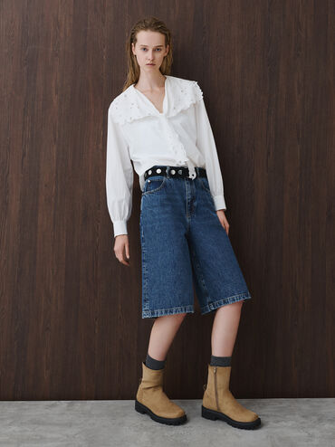 Devan Faux Suede Side-Zip Ridged-Sole Calf Boots, Camel, hi-res